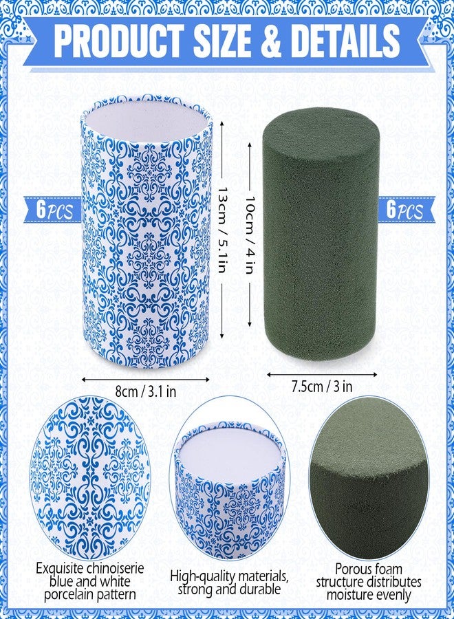 LemonRoad 6 Set Blue and White Porcelain Round Flower Box with Paper Removable Foam Vase Chinoiserie Vase Paper for Wedding Artificial Flowers Kitchen Party Table Centerpiece Home Decorations - Image 2
